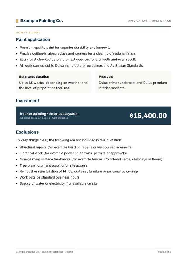 Sample proposal page 3: Timing & price