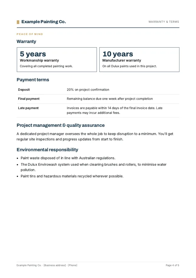 Sample proposal page 4: Warranty & terms